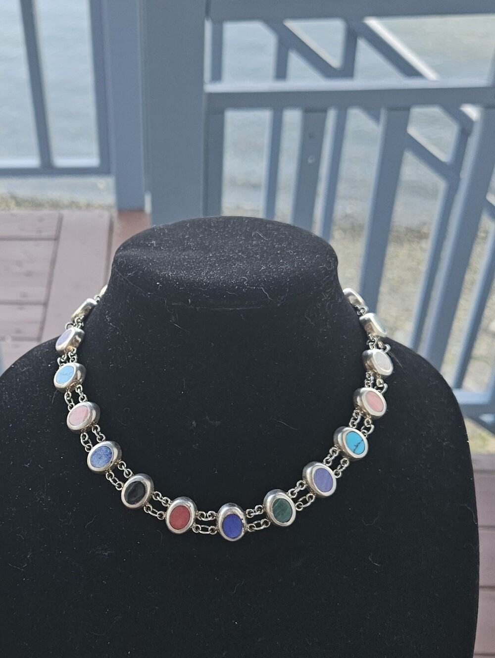 Vintage Taxco Sterling Silver 925 Southwestern Turquoise Malachite Onyx Necklace